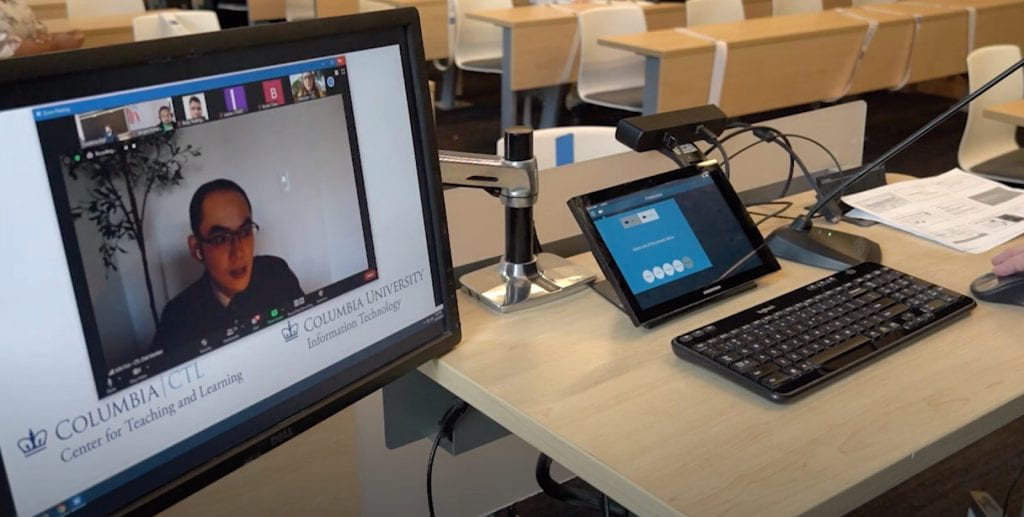 Touch screen in Columbia class: view of student on Zoom